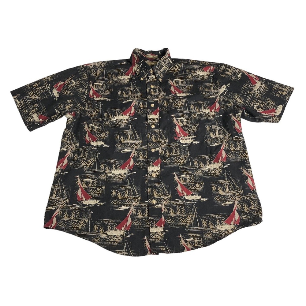 Vintage 90s Natural Issue Shirt Men M Black Wrinkle Free Nautical All Over Print